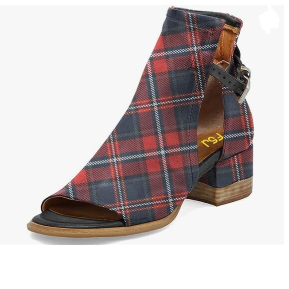 FSJ Shoes - FSJ Red Grid Peep Toe Cut Out Buckle Ankle Boot Comfortable Block Low Heel Shoes